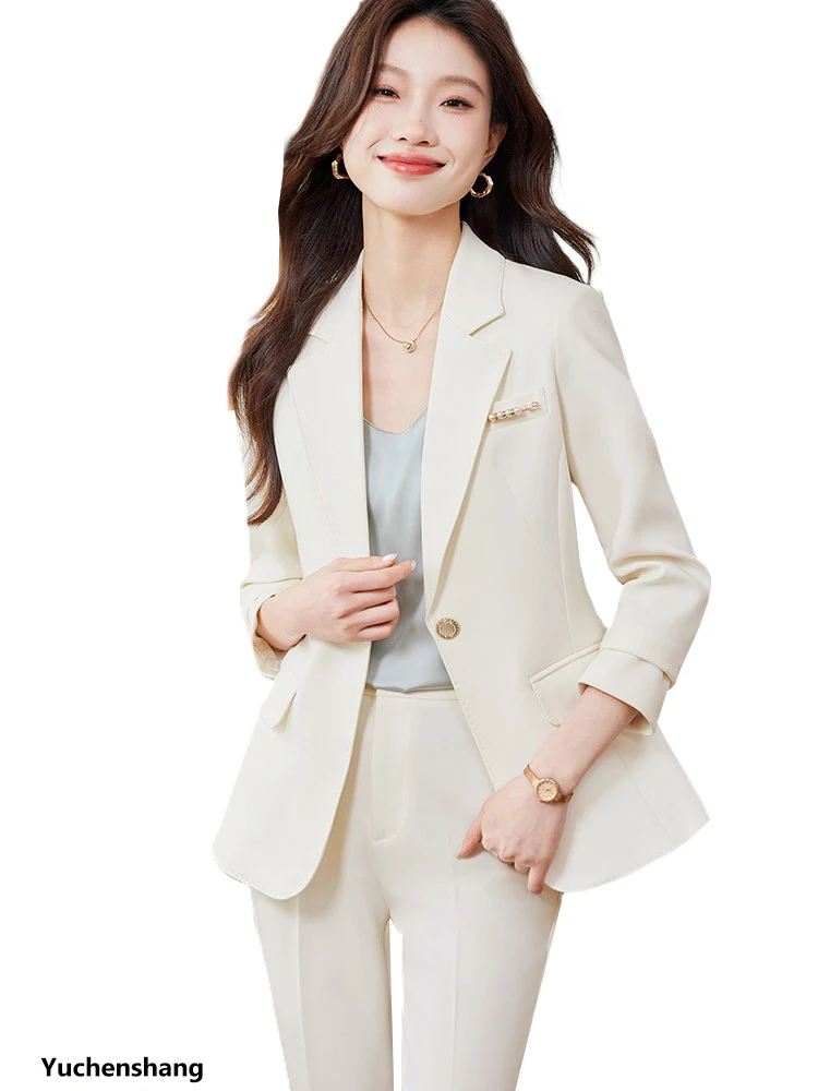 

Fashion Autumn Winter Women Pant Suit Work 2 Piece Set Khaki Beige Black Ladies Female Formal Blazer Jacket And Trouser