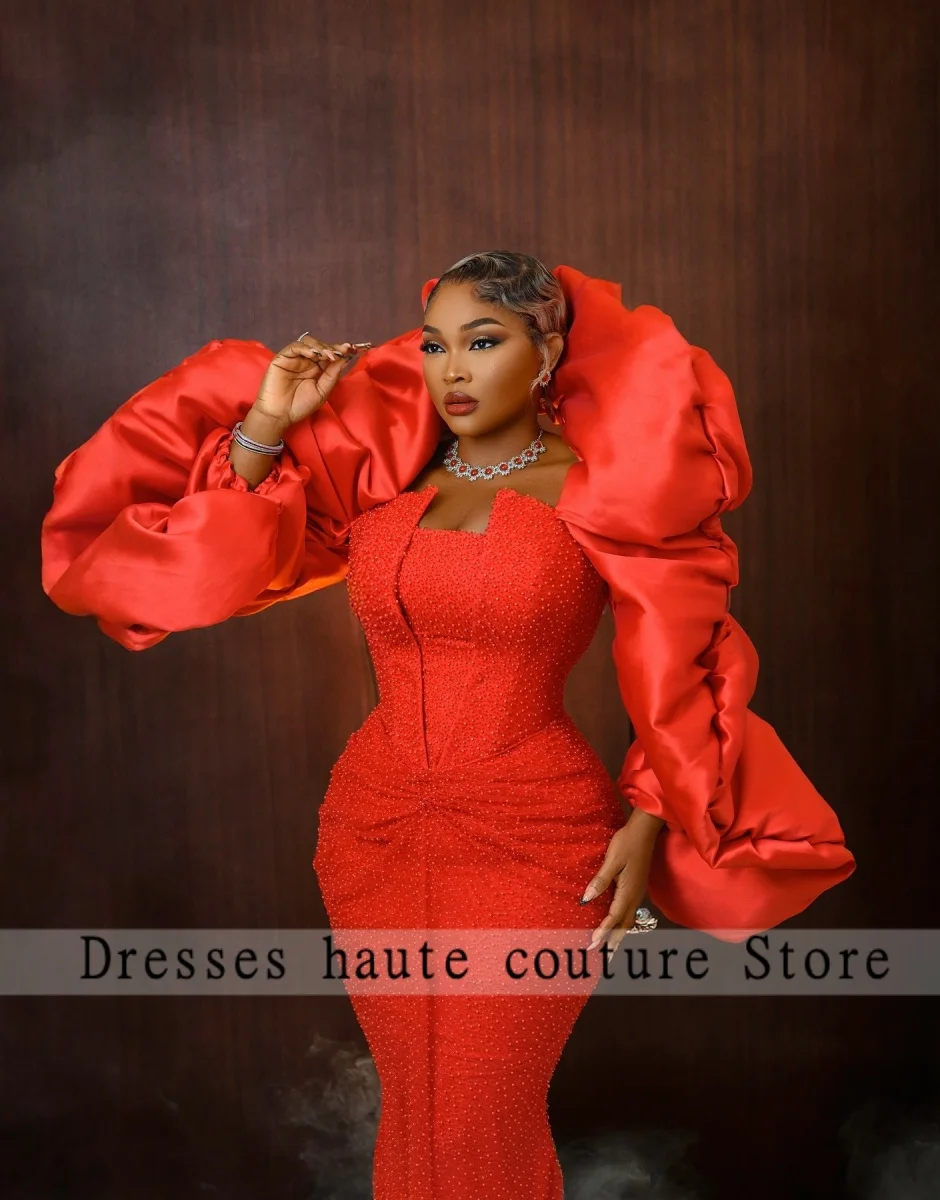 Nieuwe Aso Ebi Glanzende Rode Zeemeermin Kralen Avondjurken 2025, Luxe Lange Mouwen Geplooide Afrikaanse Kant Galajurk Bruiloft Jurk