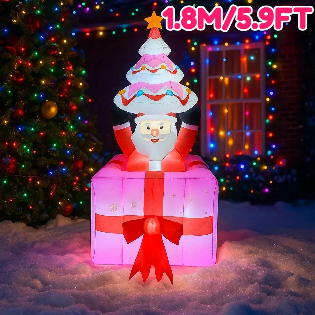 1.8M/5.9FT Inflatable Santa Claus with Christmas Tree Gift Box LED Lights Home Decorations Toys Yard Xmas Supplies Holiday Decor