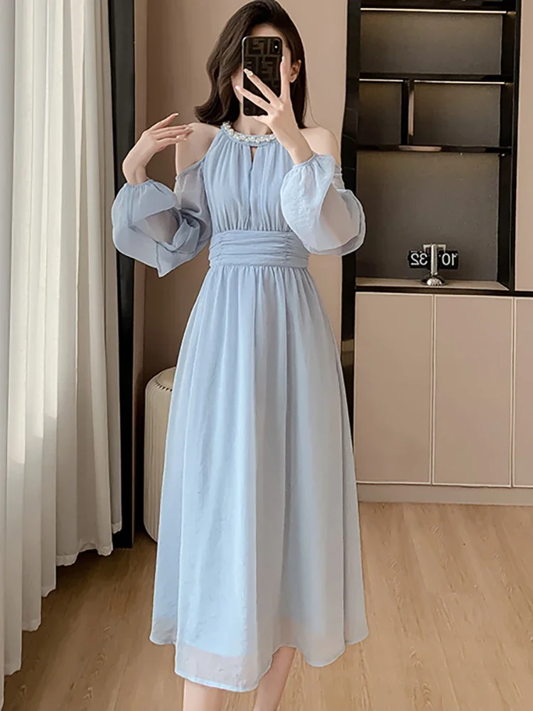 

Women Blue Chiffon Off Shoulder Sexy Long Dress Spring Elegant Chic Diamonds Casual Dress 2024 Korean Fashion Bodycon Prom Dress