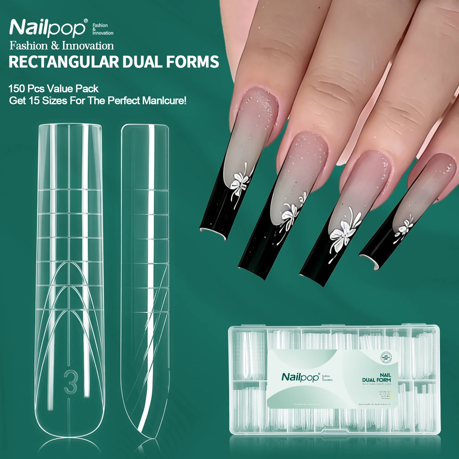 

Формы для наращивания ногтей Nailpop Rectangular Dual Forms, 15 размеров, профессиональное качество для салонов, материал PP, многоразовые, простые в использовании, 150 шт.