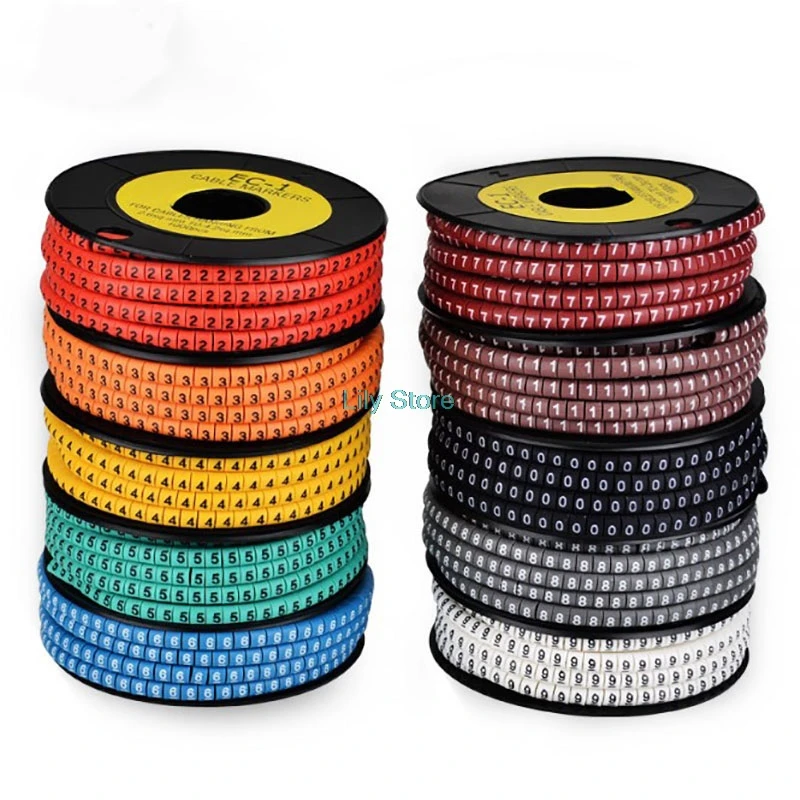 1000Pcs 0 to 9 number 2.5mm2 Cable Wire Marker Spiral Wrapping Colored 18AWG-12 AWG EC-1