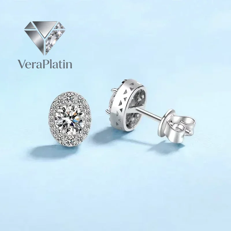 

VeraPlatin Women Birthday Gift 18K White Gold Oval Stud Earrings Moissanite Diamond 1CT Girl Friend Wedding PT950 Platinum Valen