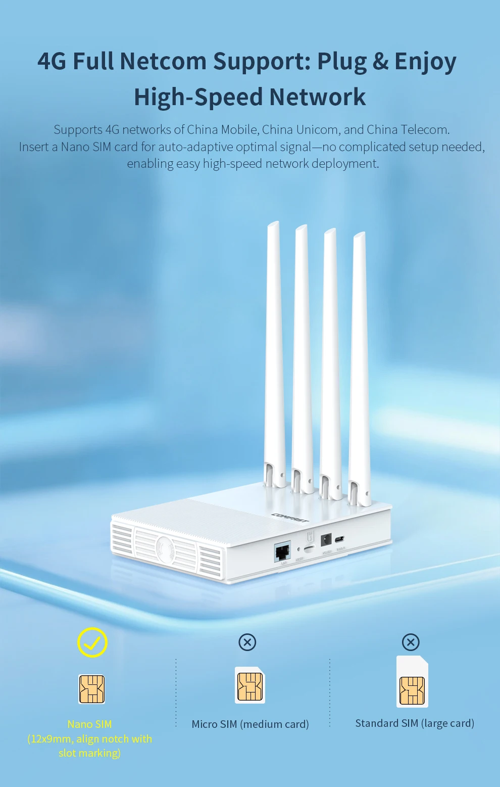 Modem Comfast AX300 4G LTE z kartą SIM, WiFi 6 2.4G, przenośny zewnętrzny router internetowy bezprzewodowy, chip ASR1803S, 4 anteny, Plug & Play
