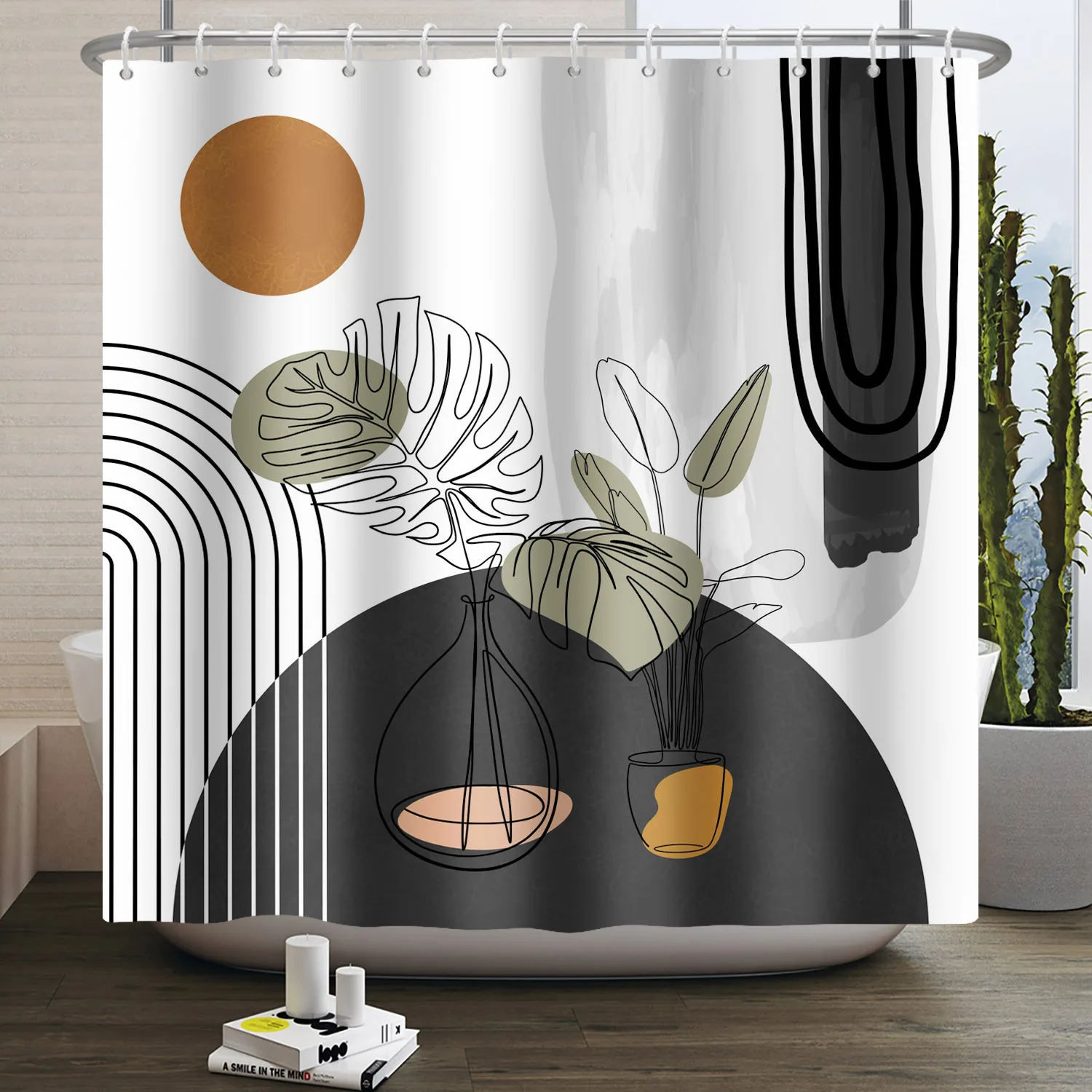 Mid Century Abstract Boho Shower Curtain Green Leaf Plant Modern Arch Sun Minimalist Nordic Waterproof Bathroom Bath Curtain