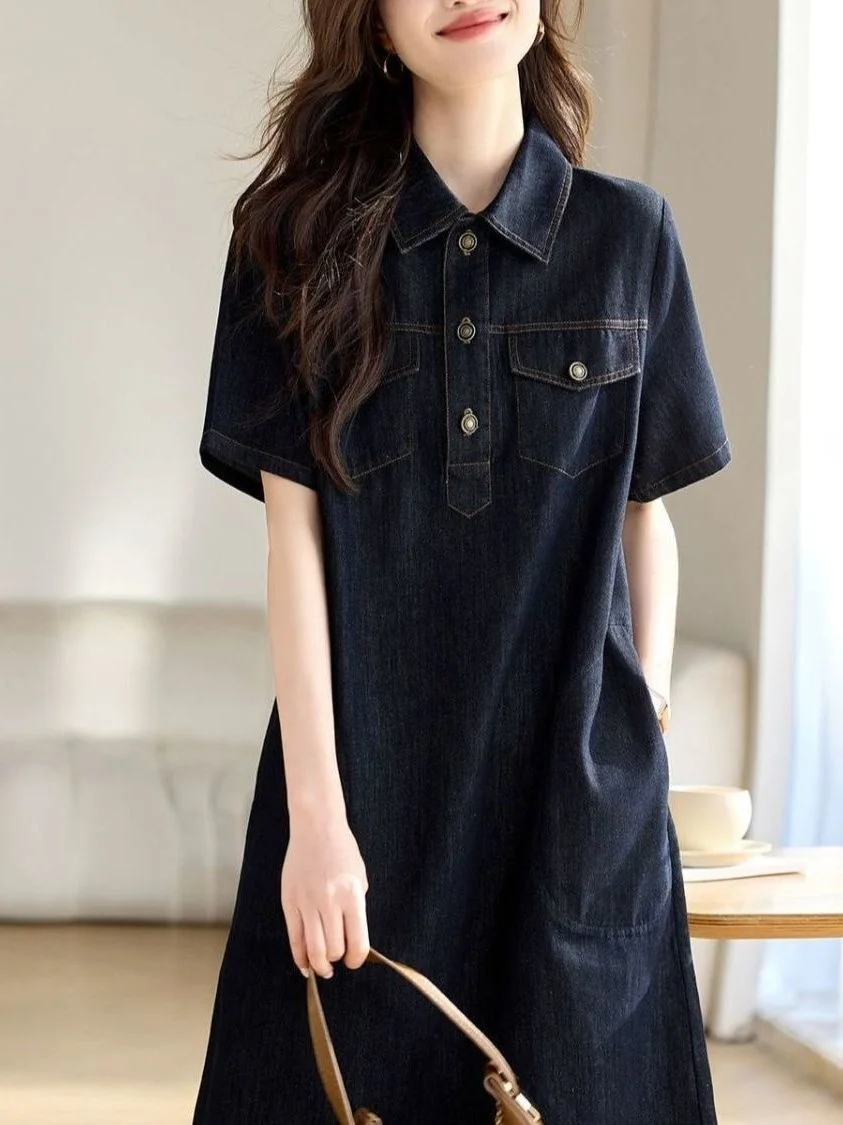 

plus Size Loose Fit Denim Dr Turn-down Collar ort Sve Materni Summer A-Line Skirt Casual Comfortable Women's Dr