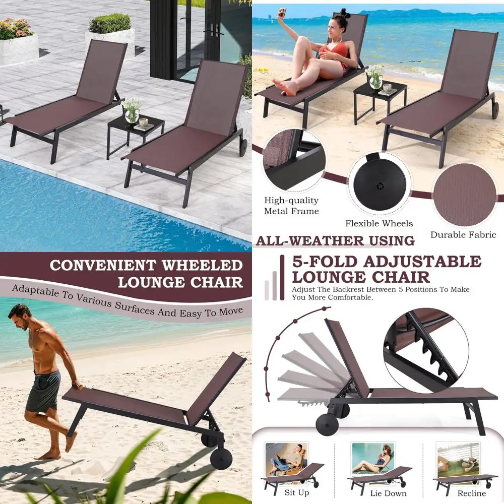 Adjustable Waterproof Outdoor Recliners Set of 2 with Table, Poolside Lounge Chairs for Garden Relaxation