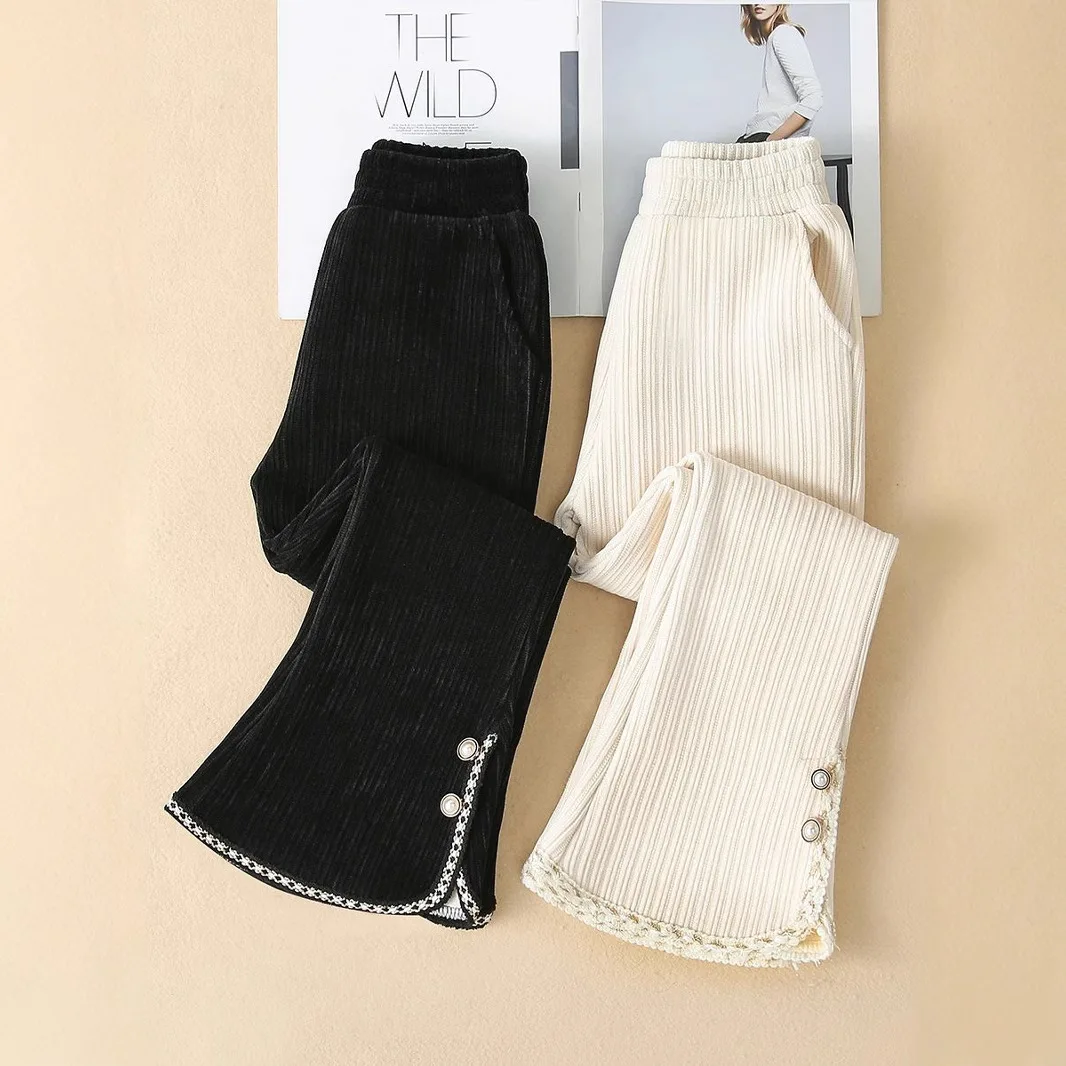 Ausgestellte Chenille-Hose für Mädchen im Winter, dicke, mit Fleece gefütterte Schlaghose, weiche, warme, lange Hose mit niedlichem Spitzenbesatz