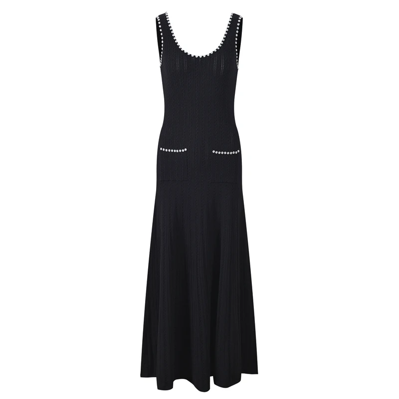 Women Black Cardigan Tank Dress Diamond Flower Pearl Trim Single-Breasted Short-Sleeve Top For Her Elegant Autumn Date Night