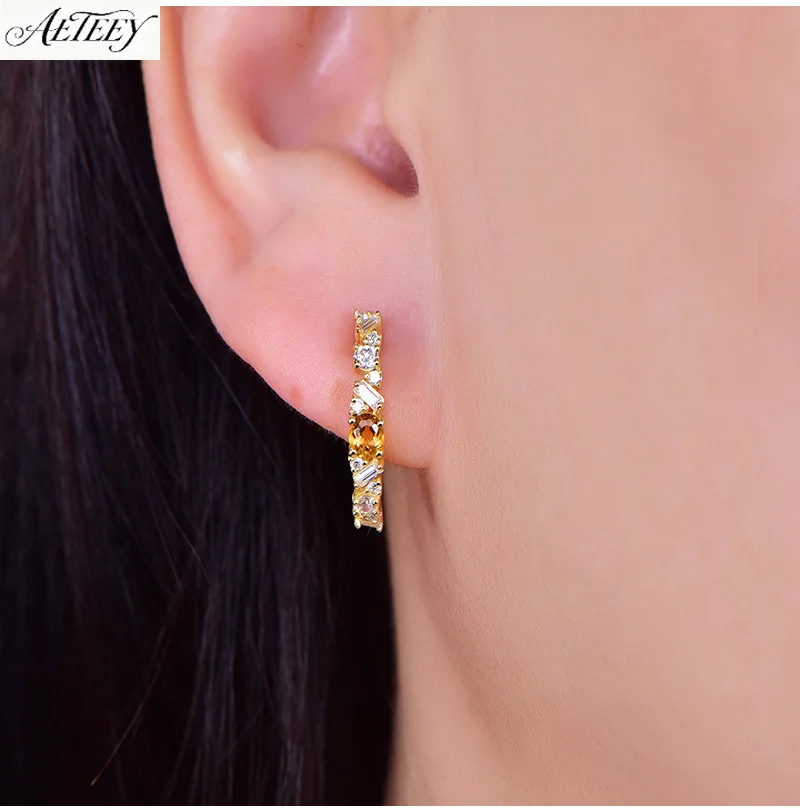 AETEEY S925 Silver 0.8CT Natural Citrine Stud Earrings 18K Gold Plated Diamond Spinel Color Gem Women Ear Jewelry