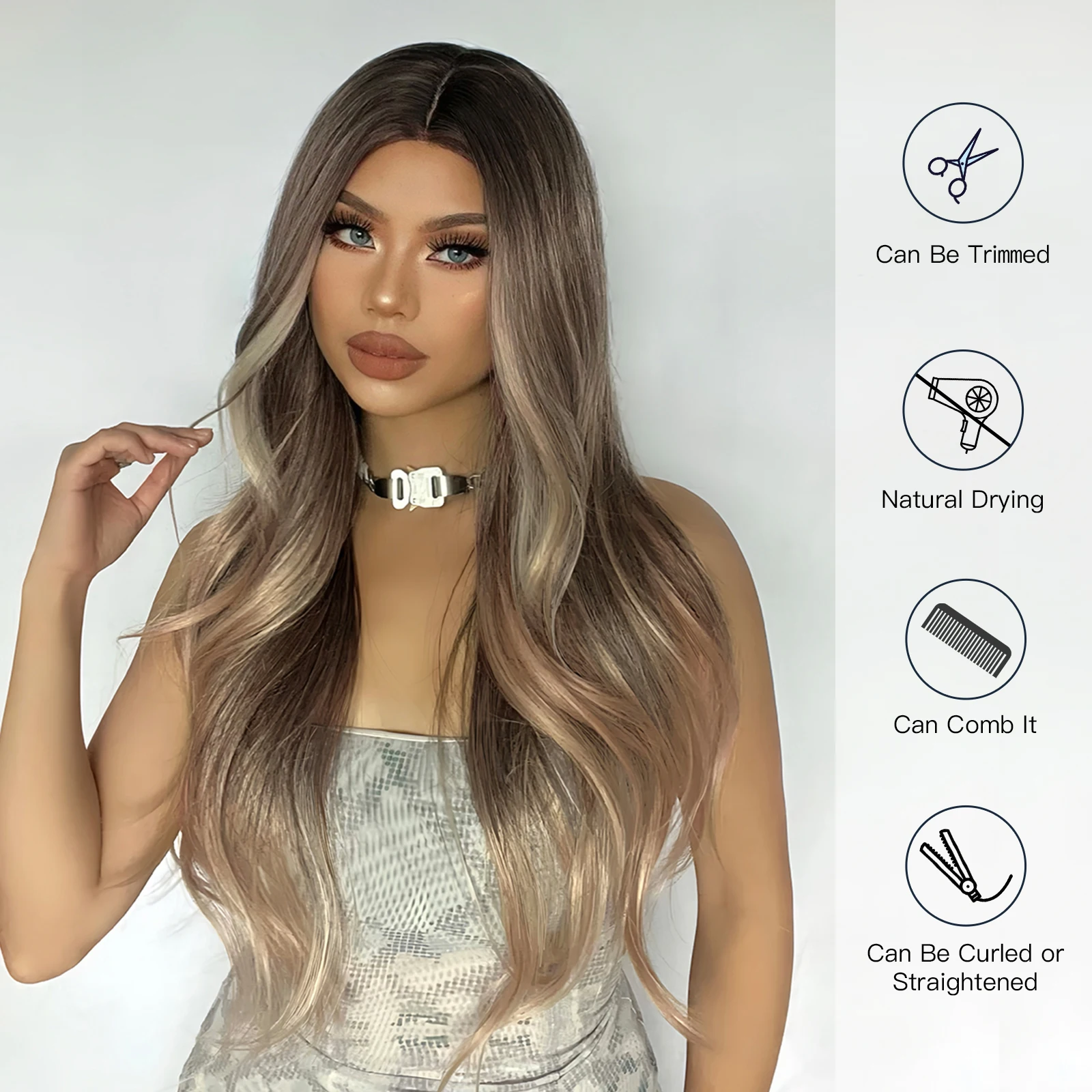 ALAN EATON Ombre Brown Blonde Wave Wigs for Women Synthetic Hand-tied Hairline Part Lace Wig Natural Looking Heat Resistant Wig