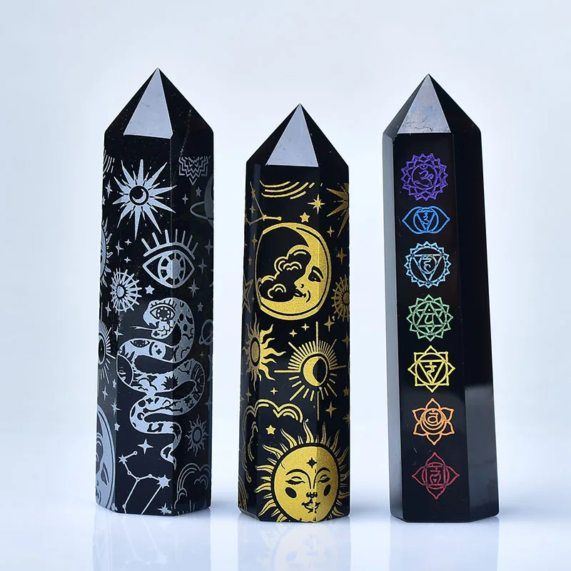 Torre de obsidiana Natural chapada en Chakra, punto con estrella dorada, patrón de Luna, Varita de punto, piedra curativa, símbolos de energía, decoración del hogar, 1 unidad