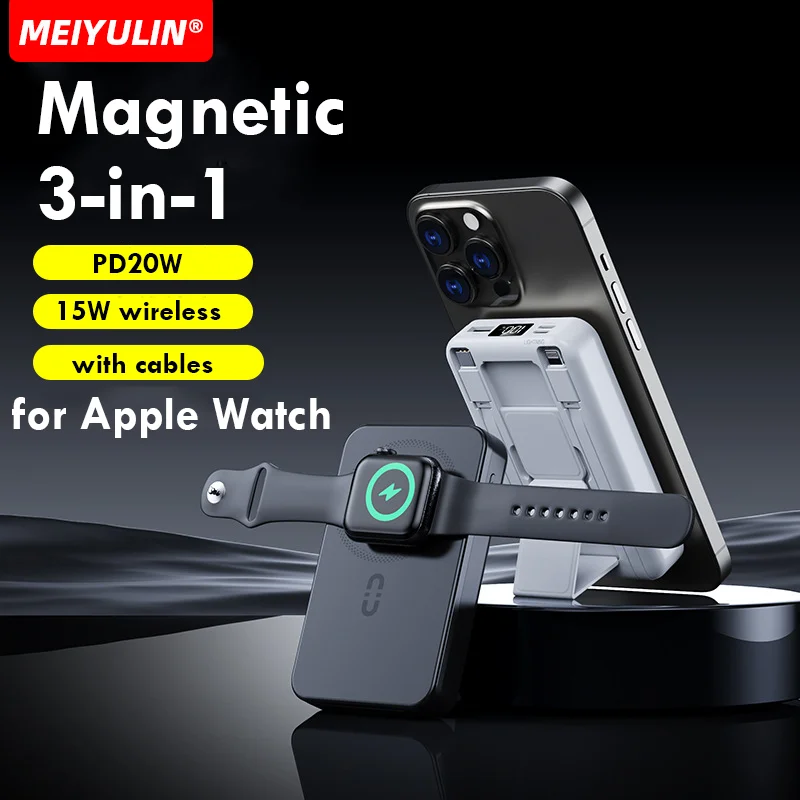 10000mAh Magnetic Wireless Power Bank With Cable Foldable Stand PD20W Fast Charger For Apple Watch iPhone External Spare Battery