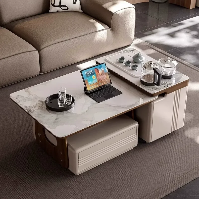 Multifunctional Rock Slab Square Coffee Table Set with Tea Making Function Mobile Sofa Side Table for Living Room Small
