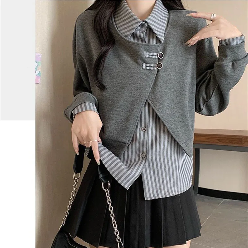 

Осенне-зимняя женская толстовка с длинными рукавами, модная женская толстовка-пэчворк, корейская женская спортивная рубашка с эффектом двухслойности