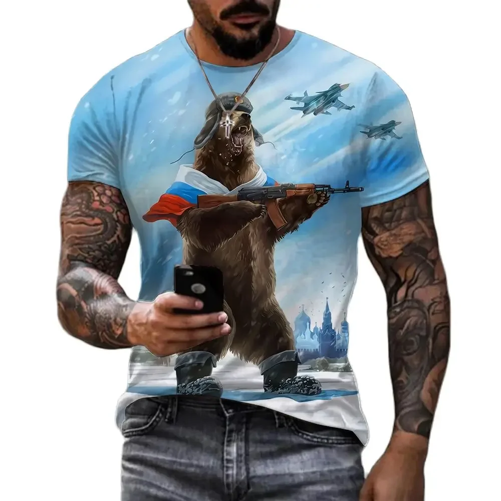 2024 Russian Bear 3D Printed T-shirt Men\'s Summer Fashion Collar Short Sleeve Russian Flag Oversized Street Wear