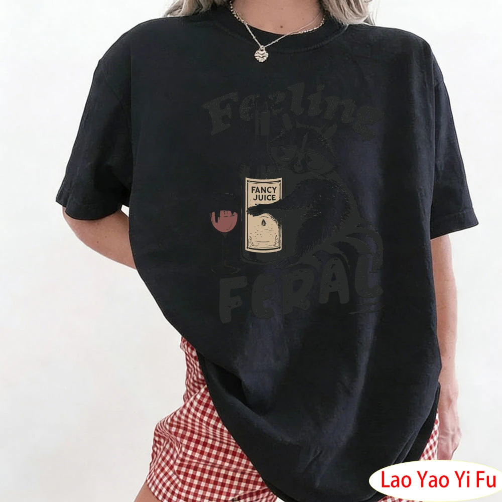 Feeling Feral Shirt Funny Raccoon Women Loose T-Shirt Women Sarcastic Humorous Graphic Tops Funny Mental Health Tees