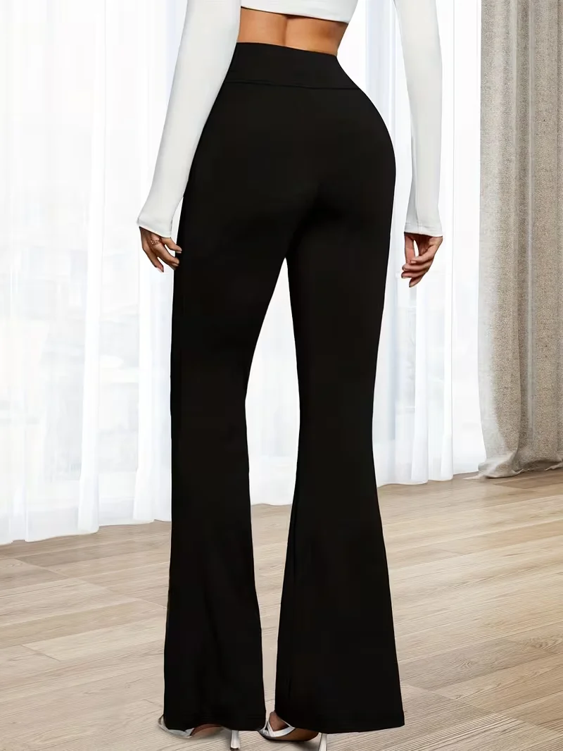 กางเกงขายาวทรงบานเอวสูงสำหรับผู้หญิง เอวยางยืด ความยาว 9 ส่วน สวมใส่สบาย เหมาะสำหรับฤดูใบไม้ผลิและฤดูใบไม้ร่วง สไตล์ลำลอง