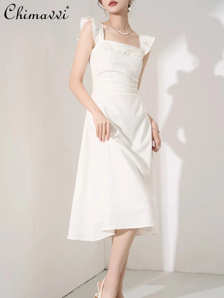 

French Elegant Simple Casual White Dress Square Neck Flying Sleeves Backless High Waist Slim A-line Temperament Long Dress Women