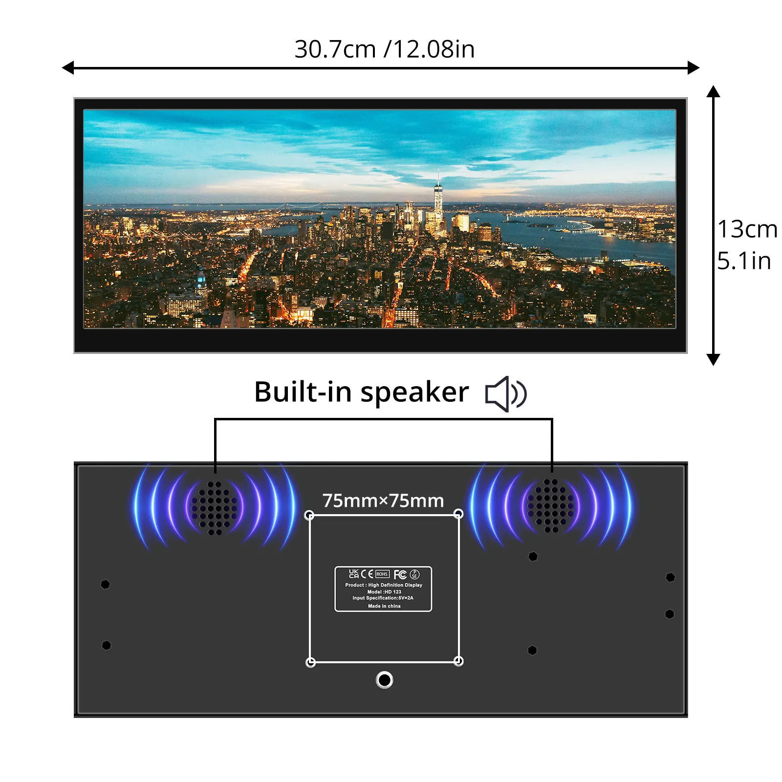 Moniteur à écran tactile 12.3 /14.5 pouces, HDMI et Type C, 1920x720/2.5K, écran IPS, barre LCD, affichage de la température du ordinateur, écran large