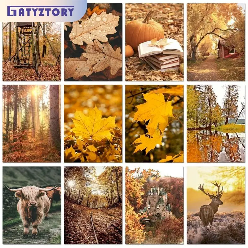 

GATYZTORY Picture Frame Diy Oil Painting By Numbers Kits Acrylic Wall Art Home Decors Autumn Scenery Coloring By Numbers Diy Gif