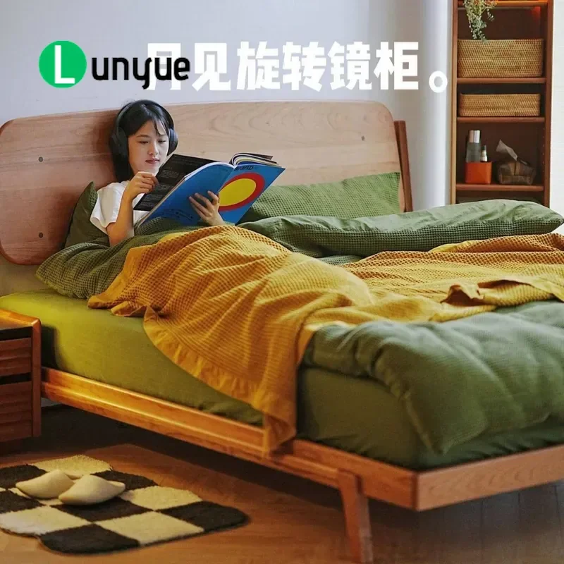 Minimalist Cherry Wood Log Double Bed Breathable Solid Wood Frame Modern Bedroom Furniture Durable Natural Finish Home Decor