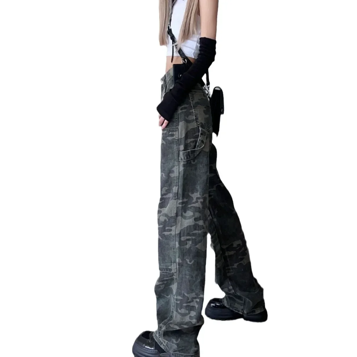 المرأة التمويه الجينز فضفاضة عالية الخصر خمر البضائع بنطال ذو قصة أرجل واسعة الدينيم كامل طول الشارع الشهير الإناث سراويل جينز