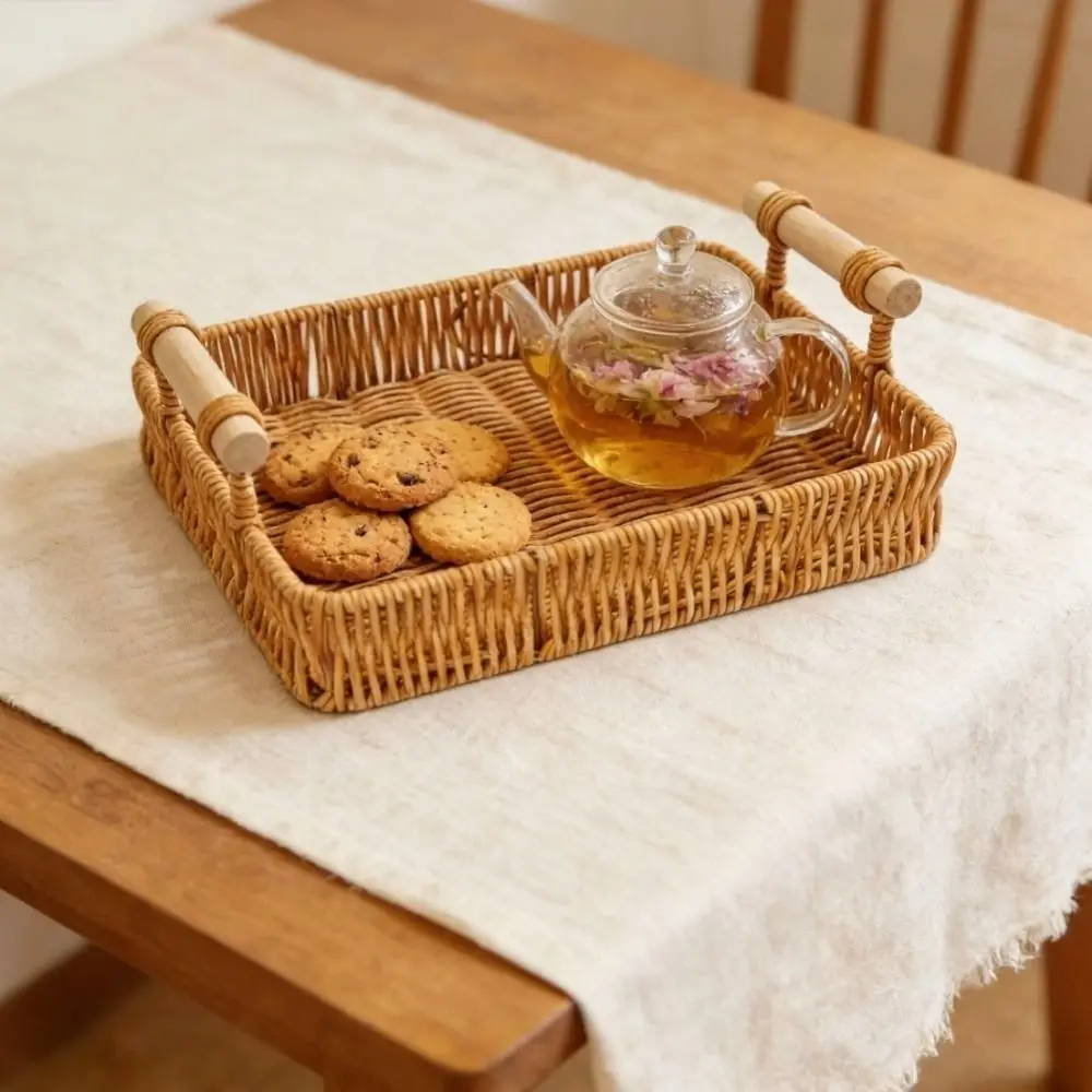 Plastic Imitation Rattan Storage Basket Handmade Space Saving Handwoven Rattan Basket Rectangular with Wooden Handle