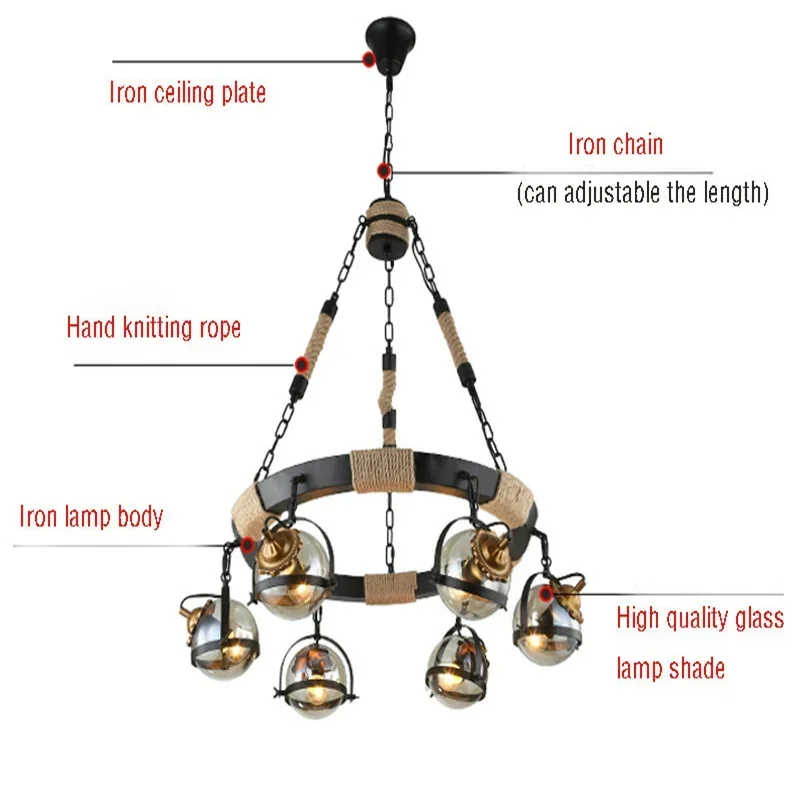 Vintage Magic Beans Round Glass Ball Pendant Lights Lamp Rope Living Bar Hotel Industrial LED droplight Loft DNA Suspension Lamp