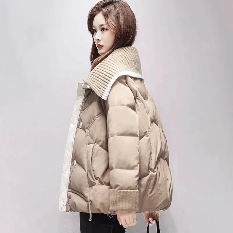 Women Down Cotton Jacket New Fashion Knitted Splicing Turndown Collar Winter Korean Thick Warm Parkas Overcoat Female Cotton