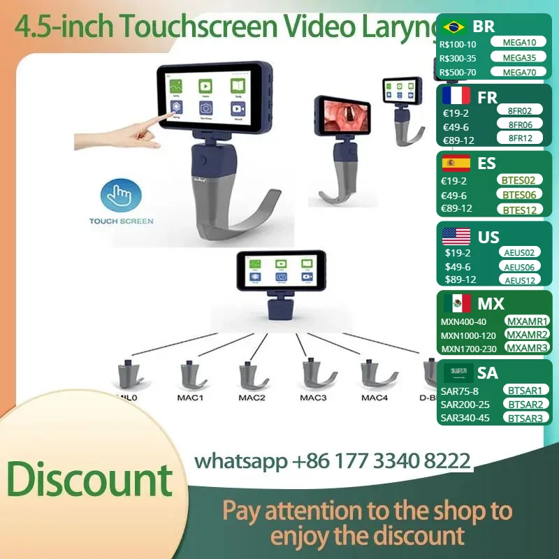 

4.5-inch Touch screen Video Laryngoscope Reusable Sterilizable Blades color TFTLCD Digital 6 Stainless Steel Blades Optional