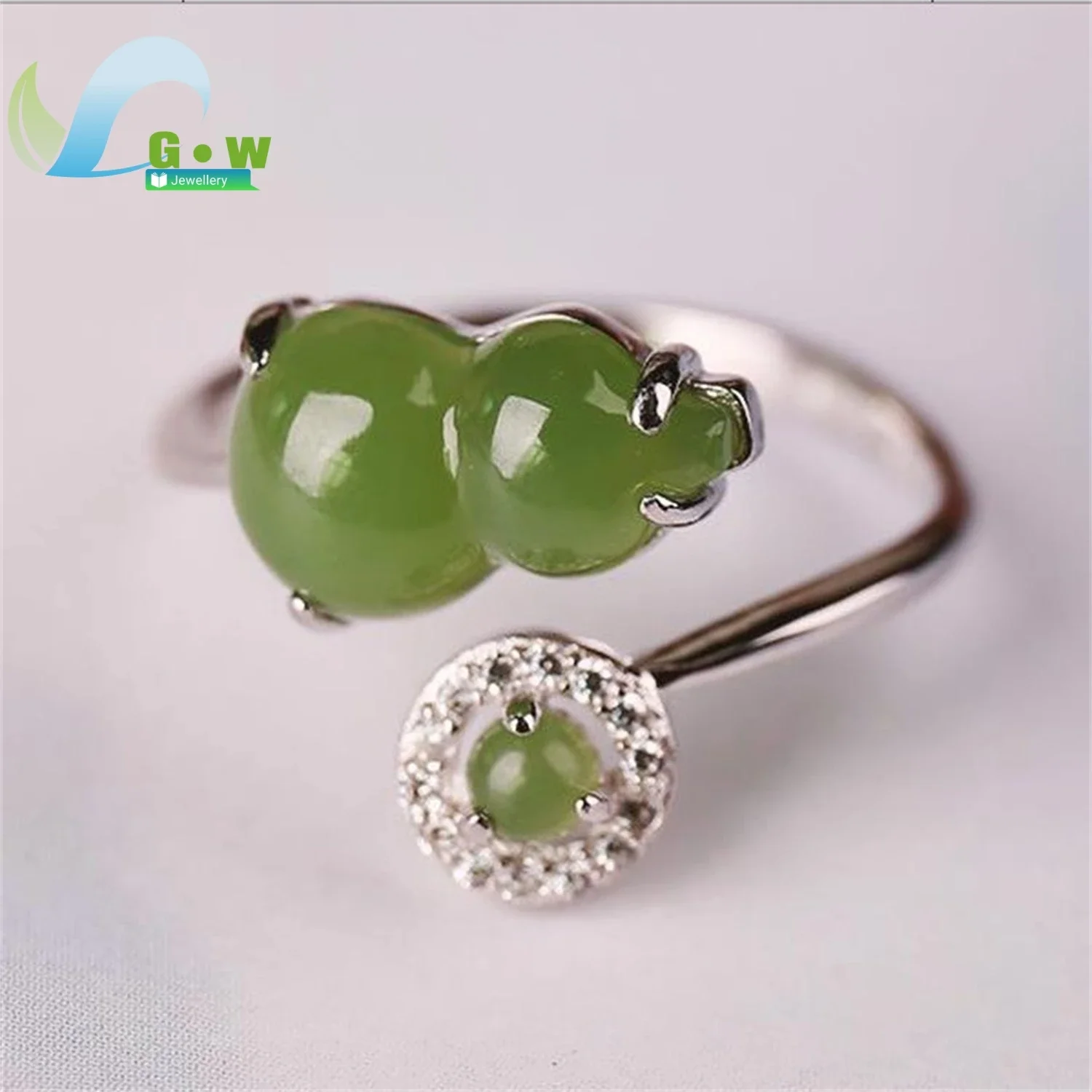Fashion Adjustable 925 Silver Ring with White Green Jade Handmade Oriental Style Ruyi Gourd Symbol Lucky Charm Daily Wear