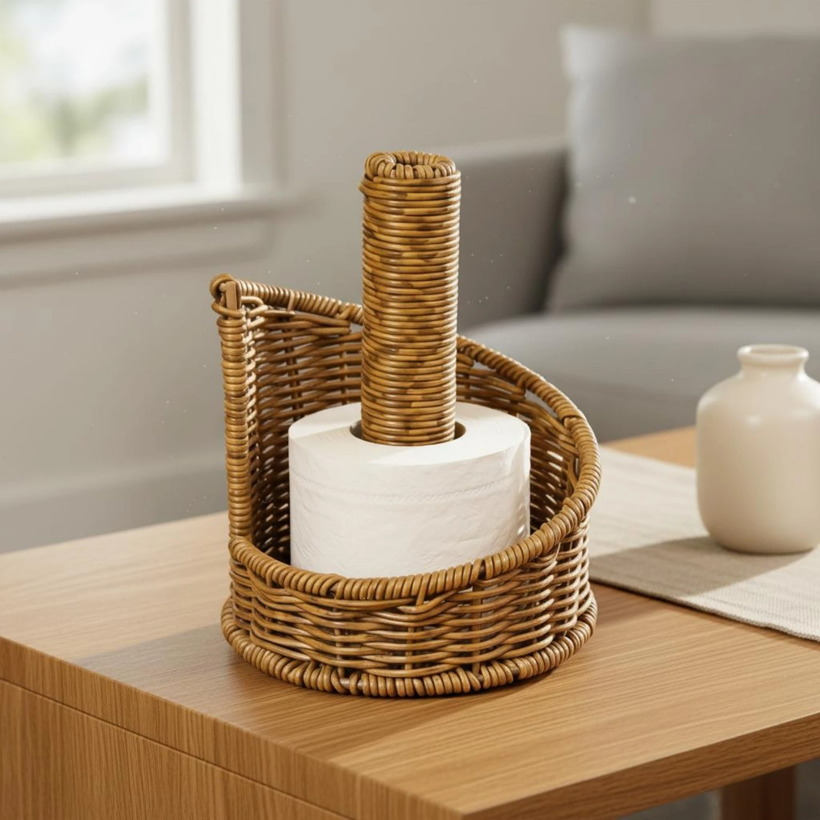 Rattan Tissue Holder Cylindrical Post Basket Tissue Stand Toilet Tissue Roll Holder Desktop Tabletop Accessory Freestanding