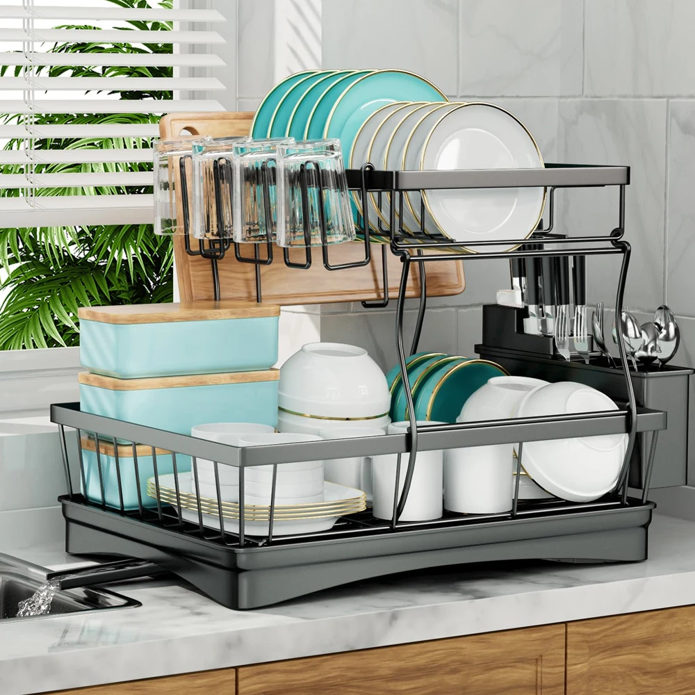 Escurridor de platos grande de 2 niveles para encimeras de cocina, escurridor de platos extraíble de gran capacidad