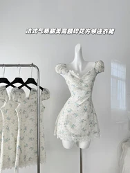 Woman Design A-Line Dress Sexy Floral Dress Tide Frocks Gyaru One-Piece Aesthetics Cute Core Square Neck Short Sleeve Casual