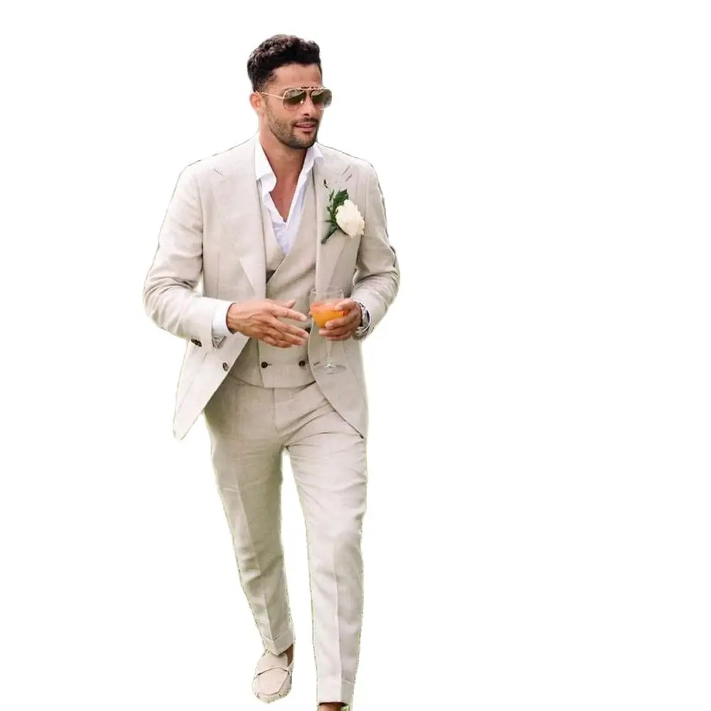 Summer Linen Men Suits 3 Piece Chic Single Breasted Peak Lapel Outfits Fashion Daily Casual Slim Groom Wedding Party Tuxedo