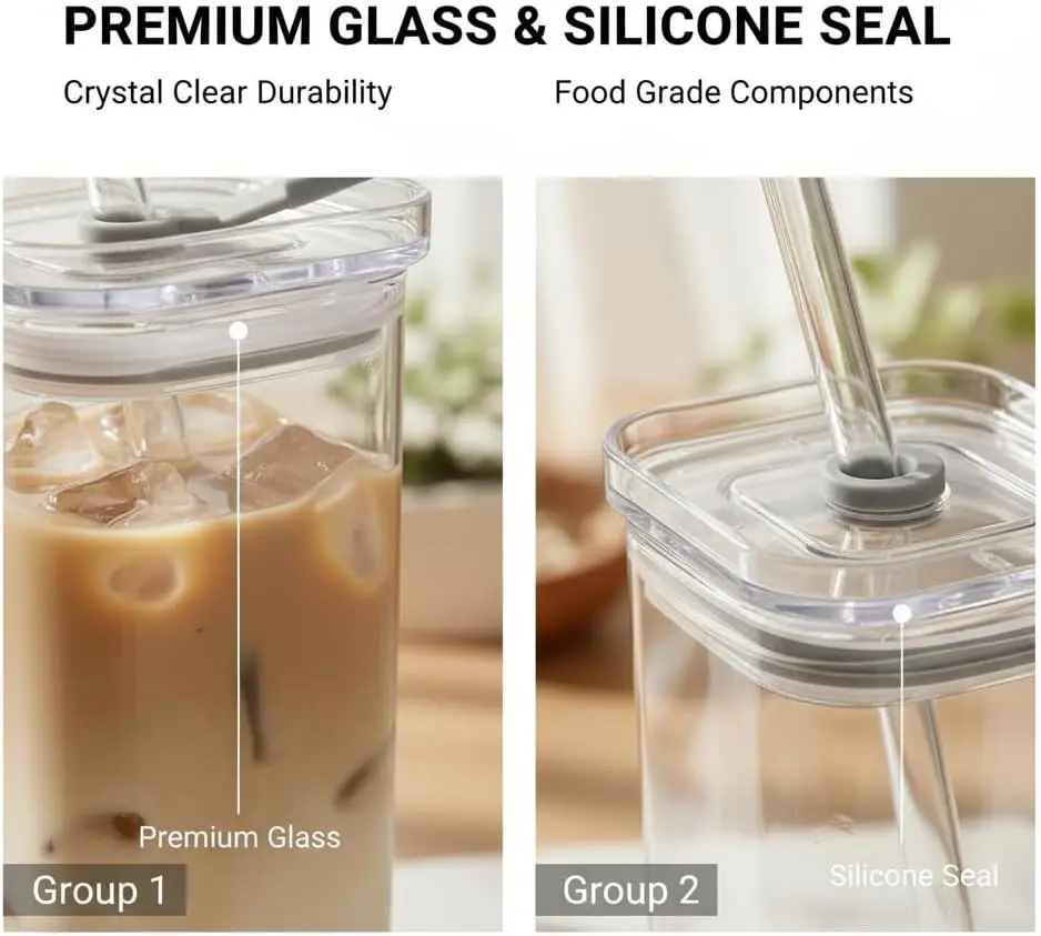 1 Stück quadratische hitzebeständige Kaffeeglastasse mit Deckel und Strohhalm, hitzebeständige Glastasse für Milchtee, Saft, Eiskaffee und Smoothie – Detail 2