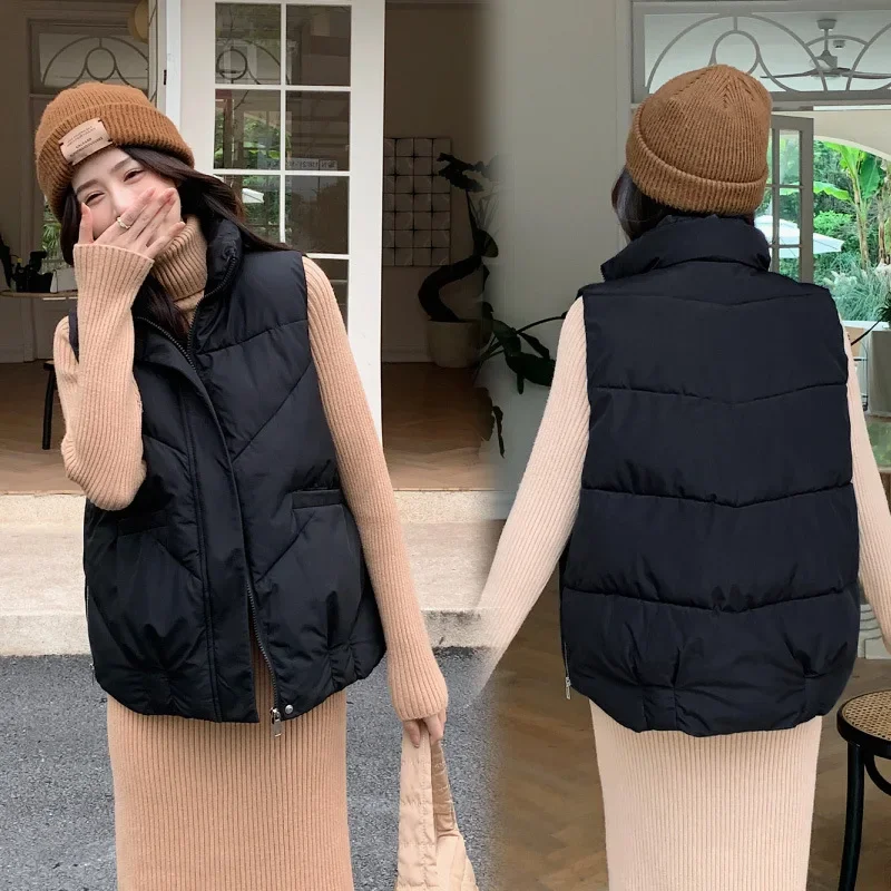 Femmes gilet Parkas manteaux courts solide col montant régulier sans manches épais chaud vestes hiver 2025 épissure fermeture éclair poches manteau
