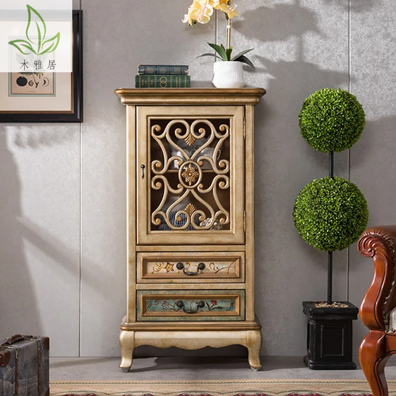 

01American solid wood painted dining side cabinet, living room retro cabinet, kitchen simple small apartment storage cabinet