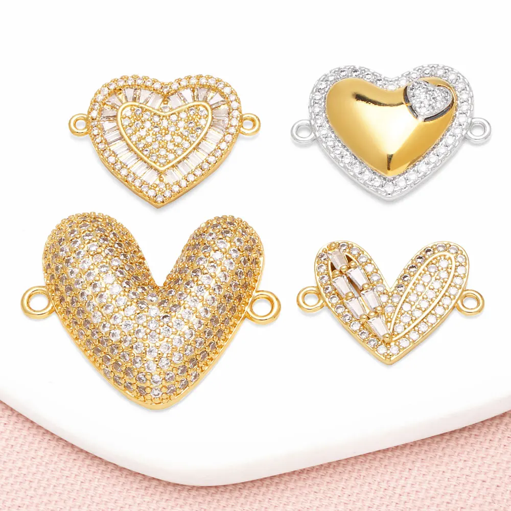 OCESRIO Trendy White Crystal Heart Charms for Bracelet Copper Gold Plated CZ Big Heart Jewelry Making Supplies chma309