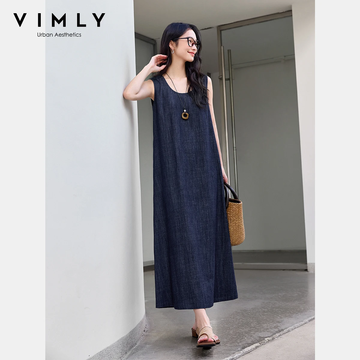 VIMLY Midi Dresses 2025 New Women Autumn Vintage Denim Sleeveless Dress Pure Cotton Loose Ladies Dresses Female Clothing M9821