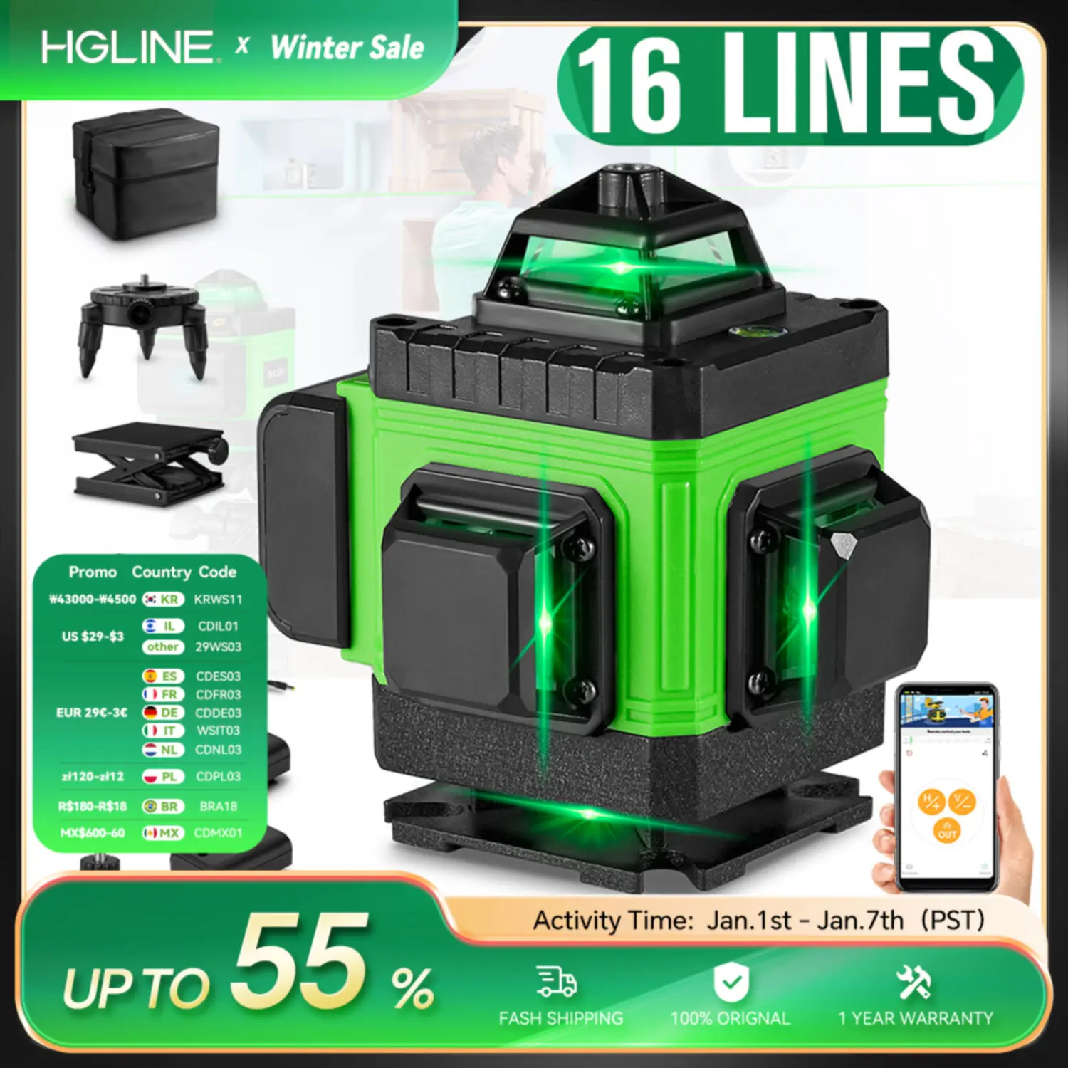 HGLINE 16 Lines 4D Laser Level Green Line Self-Leveling 360° Horizontal Vertical Super Power Laser Level with APP Remote Control