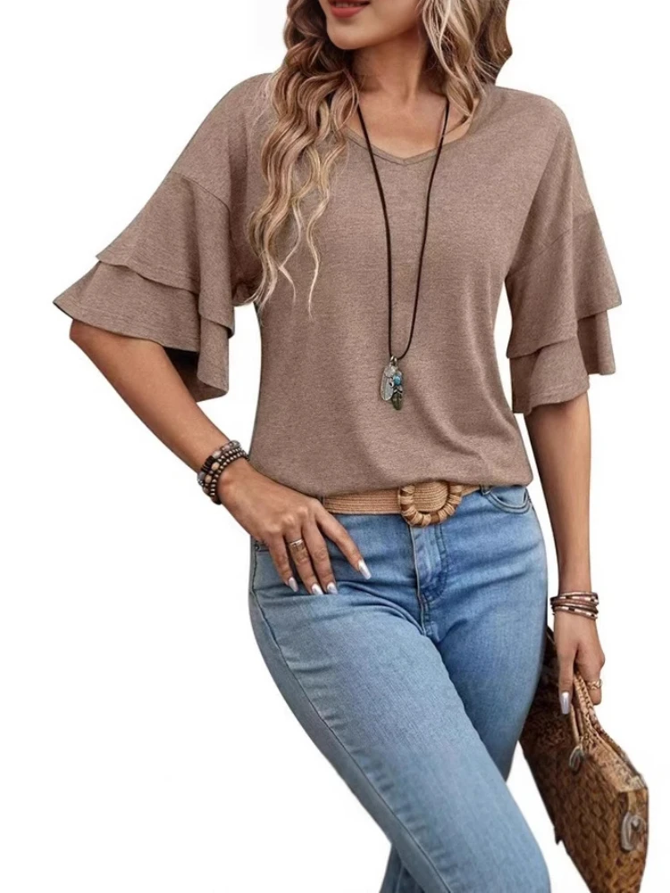 

2025 Women's U-Neck Flounce Trim Blouse Elegant Casual T-Shirt Summer Office Lady Short Sleeve Casual Blouse O Neck Shirt Female