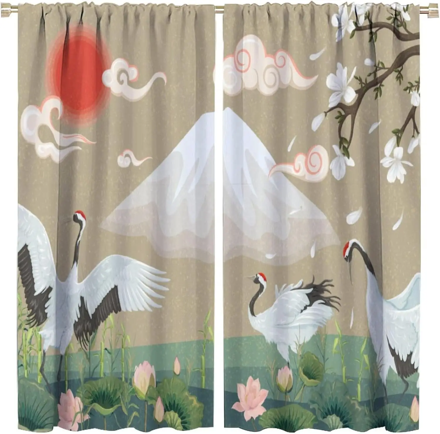 Crane Fuji Curtain Oriental Cloud Lotus Flower Sunrise Art Print Light Filter Drape For Farm Bedroom Kitchen Homestay Decor