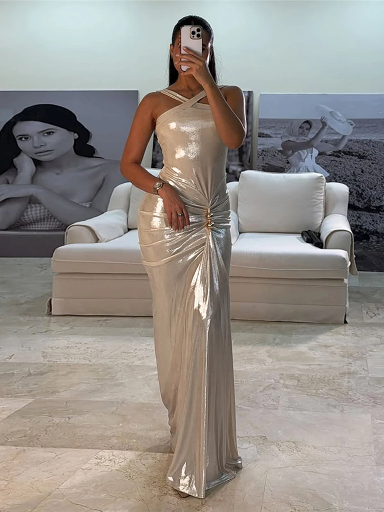 와티웨어 Ruched Cross V-Neck 가운 원피스 여성 우아한 섹시한 반사 디자인 백리스 민소매 한밤중 파티 바디 콘