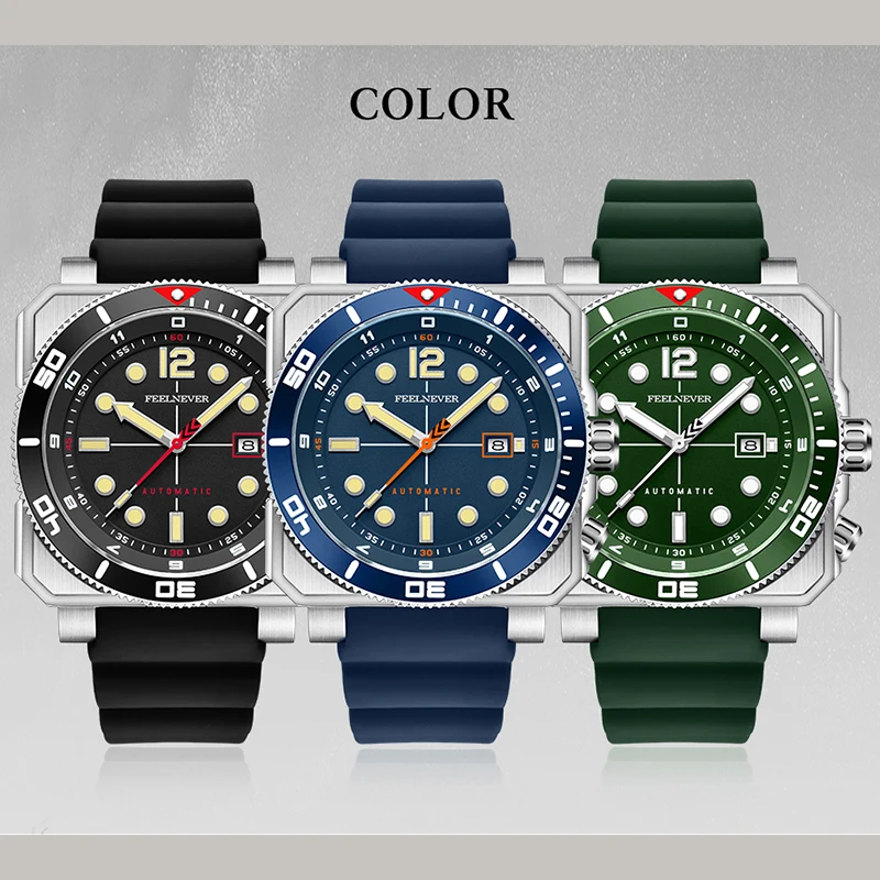 FEELNEVER Herrenuhren Business leuchtender 316L Edelstahl Mode Saphirglas mechanische Uhr Militäruhren Herren + BOX
