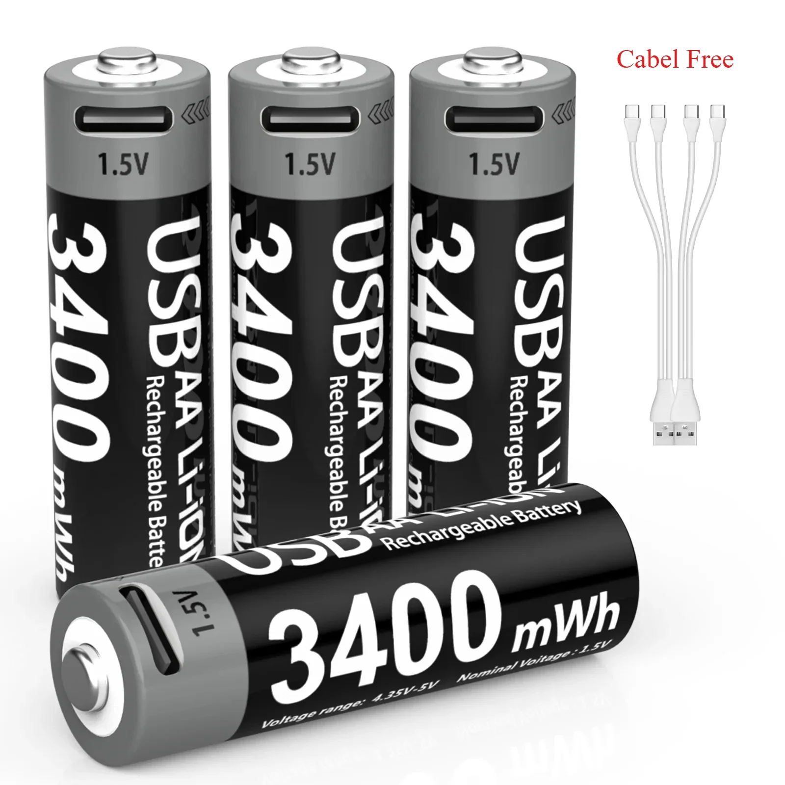 Rechargeable AA Battery 3400mAh USB Type-C 1.5V Lithium Battery for Hunting Camera Remote Control Mouse Door Lock