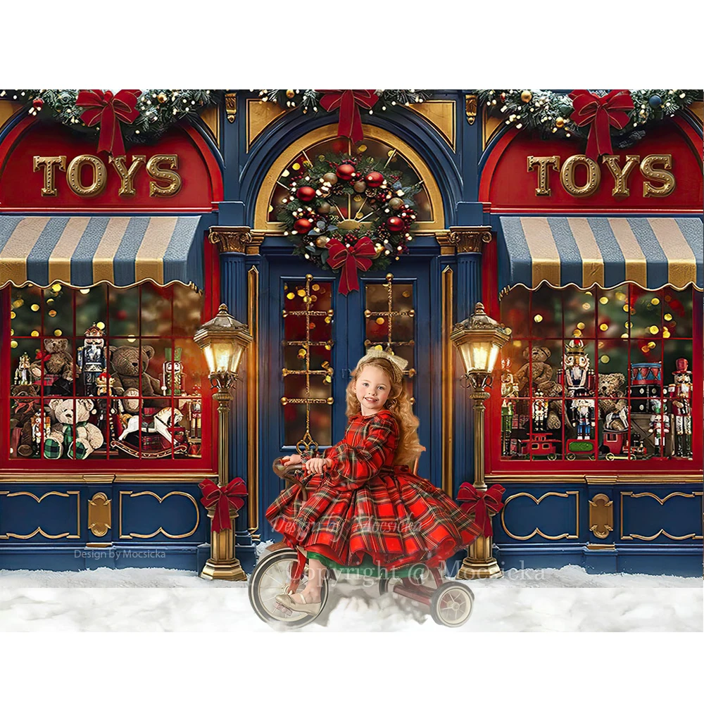 Mocsicka Christmas Toys Gift Shop Background Photography Street Lights Wreath Front Street Backdrop Kids Winter Art Photozone