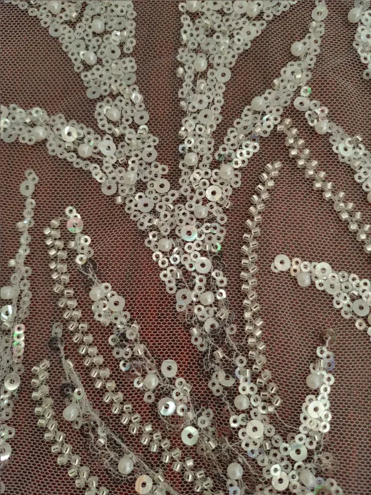 Luxury Silver Chain White Beaded Sequin Lace Trim, Sheer Mesh Tulle DIY Embellishment Accessory for Wedding Dresses & Evening