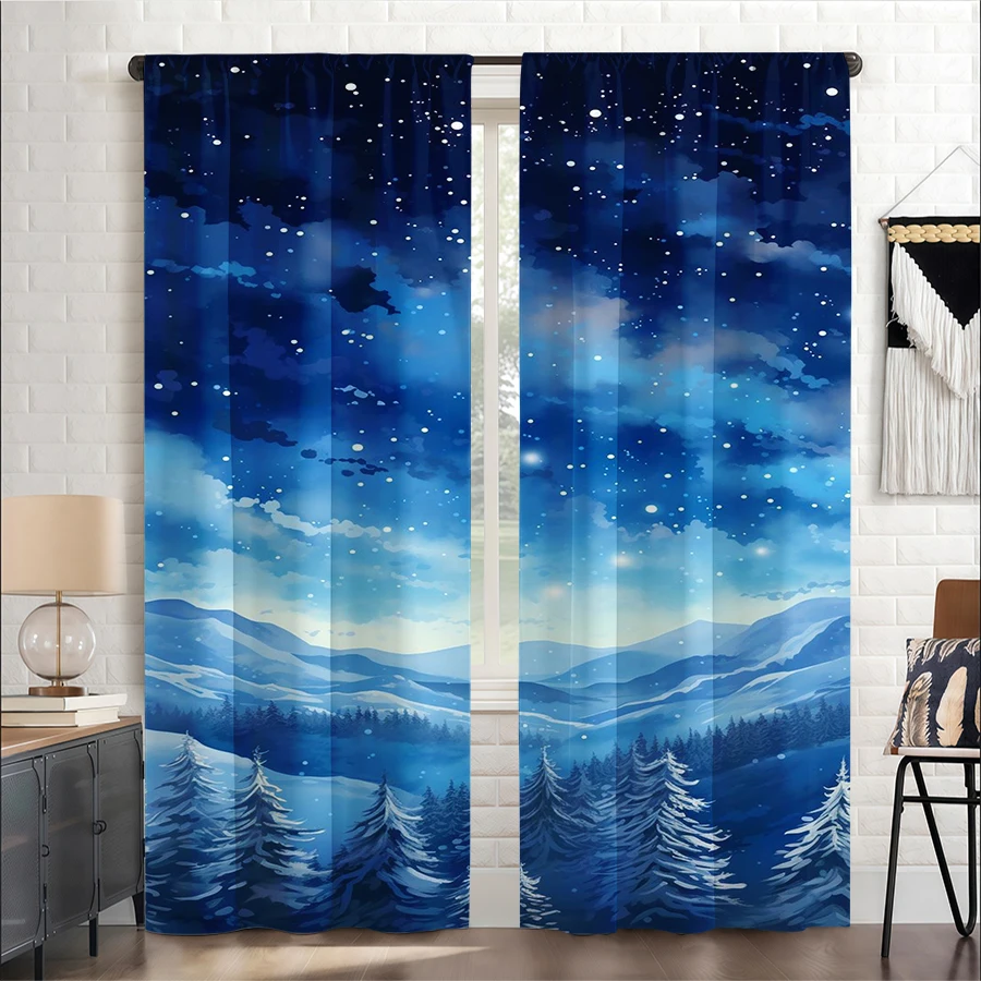 2PCS Scenic Curtains, Snowy Mountains Pine, Digital Print, Bedroom Living Room Kitchen, Rod Pocket Polyester, Home Decor